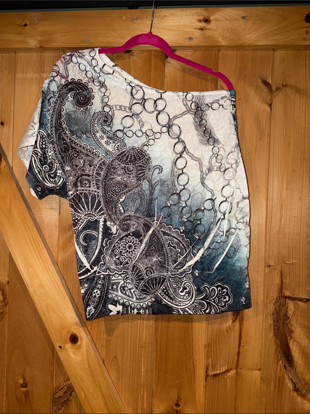 Studio Y One-Shoulder Paisley Print Top in Teal, Black and White